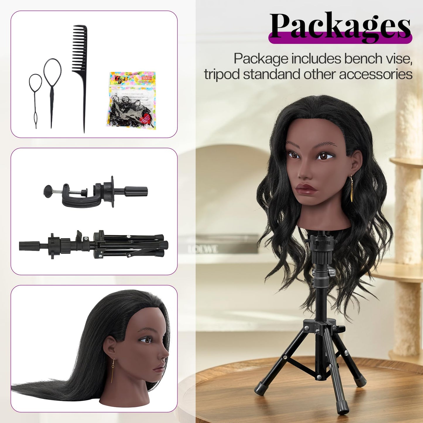 20 Inch Mannequin Head Human Hair with Stand,Real Hair Mannequin Head for Braiding,Cosmetology Manikin Doll Head for Styling with Mannequin Head Stand Table Clamp Hair Braiding Set