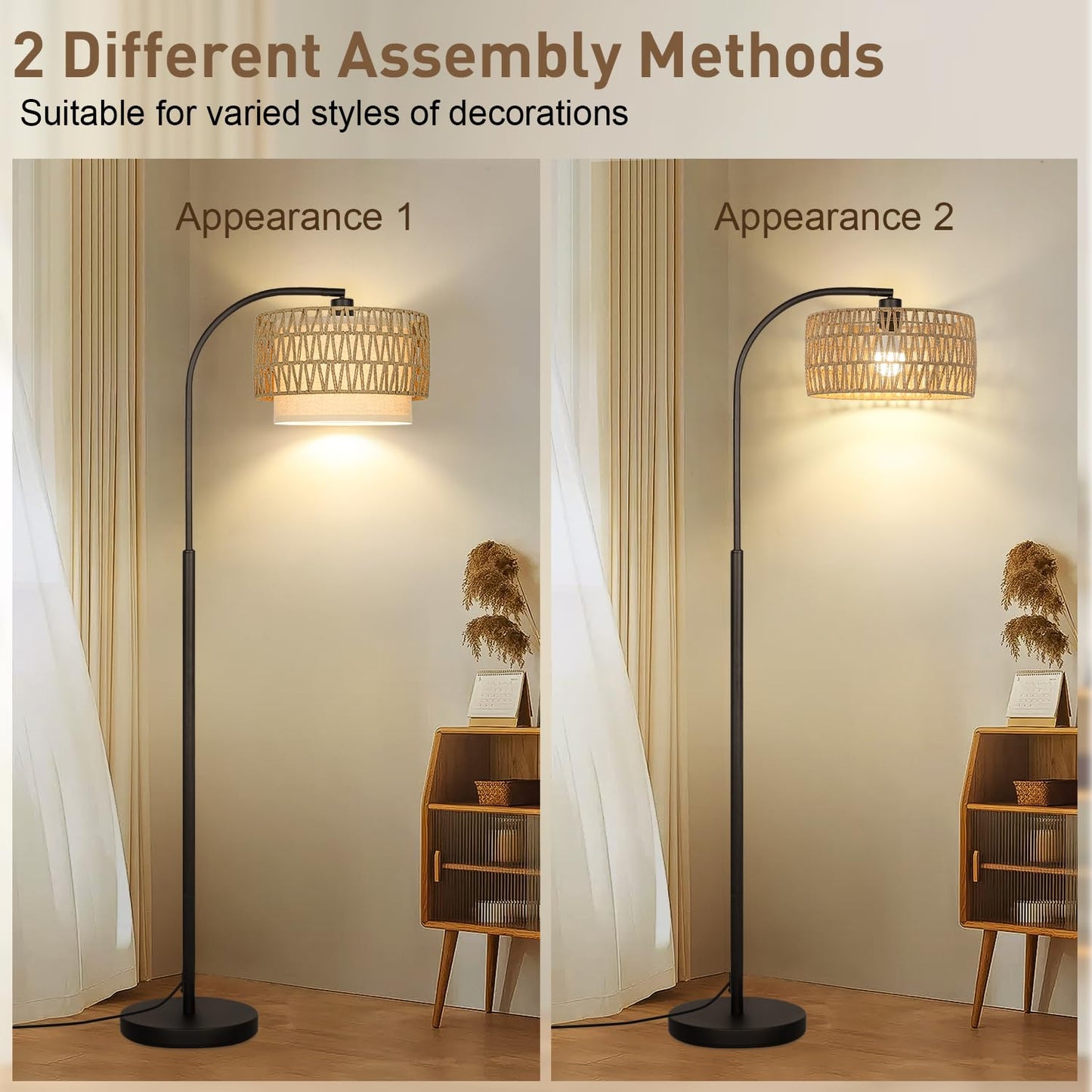 Rattan Floor Lamp, Dimmable Boho Floor Lamp, Farmhouse Arc Standing Lamp with Adjustable Rattan & Fabric Shades, Modern Lamp Tall Lamp for Living Room Bedroom Office Reading Room, Bulb Included