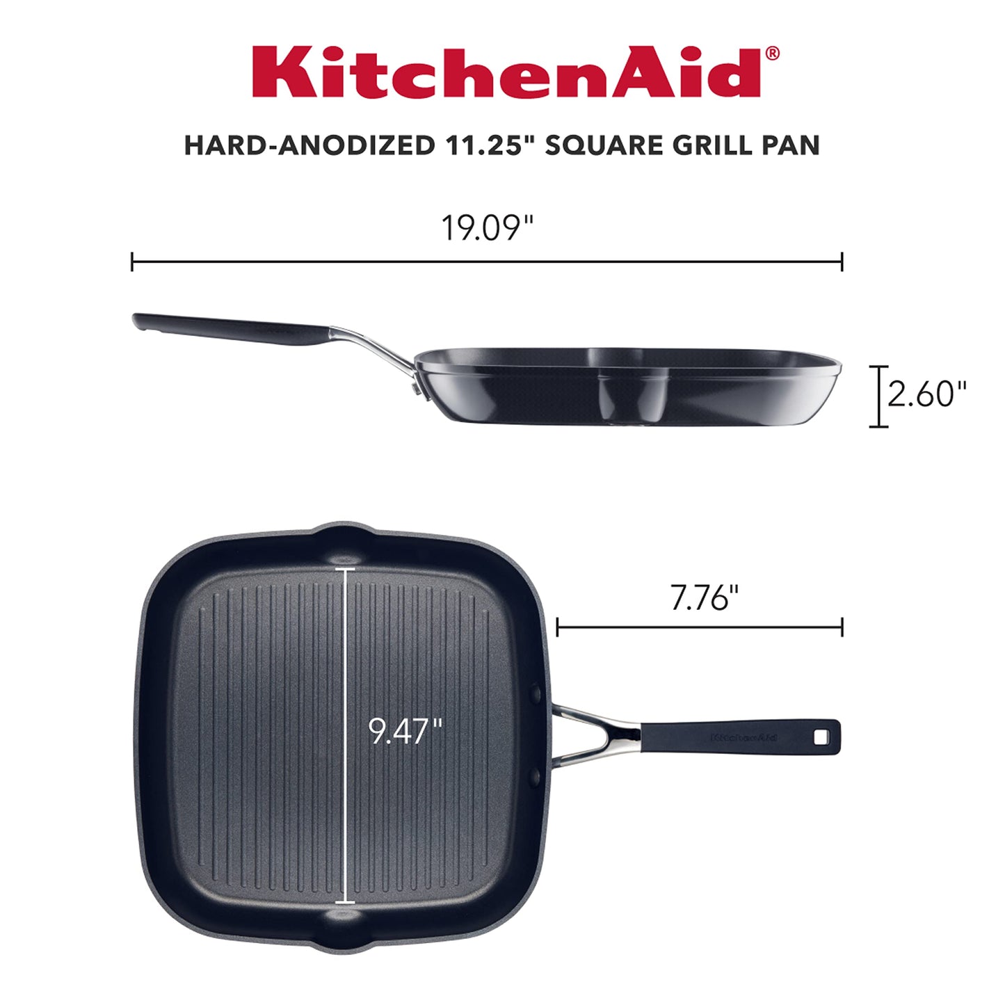 KitchenAid 84808 Hard Anodized Nonstick Square Grill Pan/Griddle with Pour Spouts, 11.25 Inch - Onyx Black