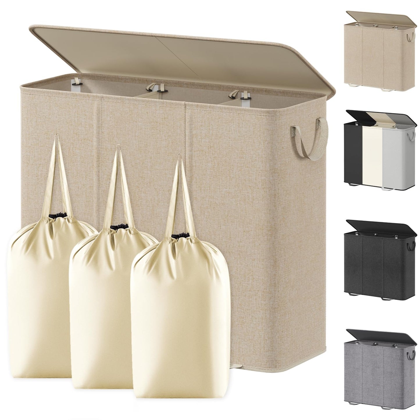 Lifewit Triple Laundry Hamper with Lid and Removable Laundry Bags, Large Collapsible 3 Dividers Dirty Clothes Basket with Handles for Bedroom Laundry Room Closet Bathroom College, 185L Beige