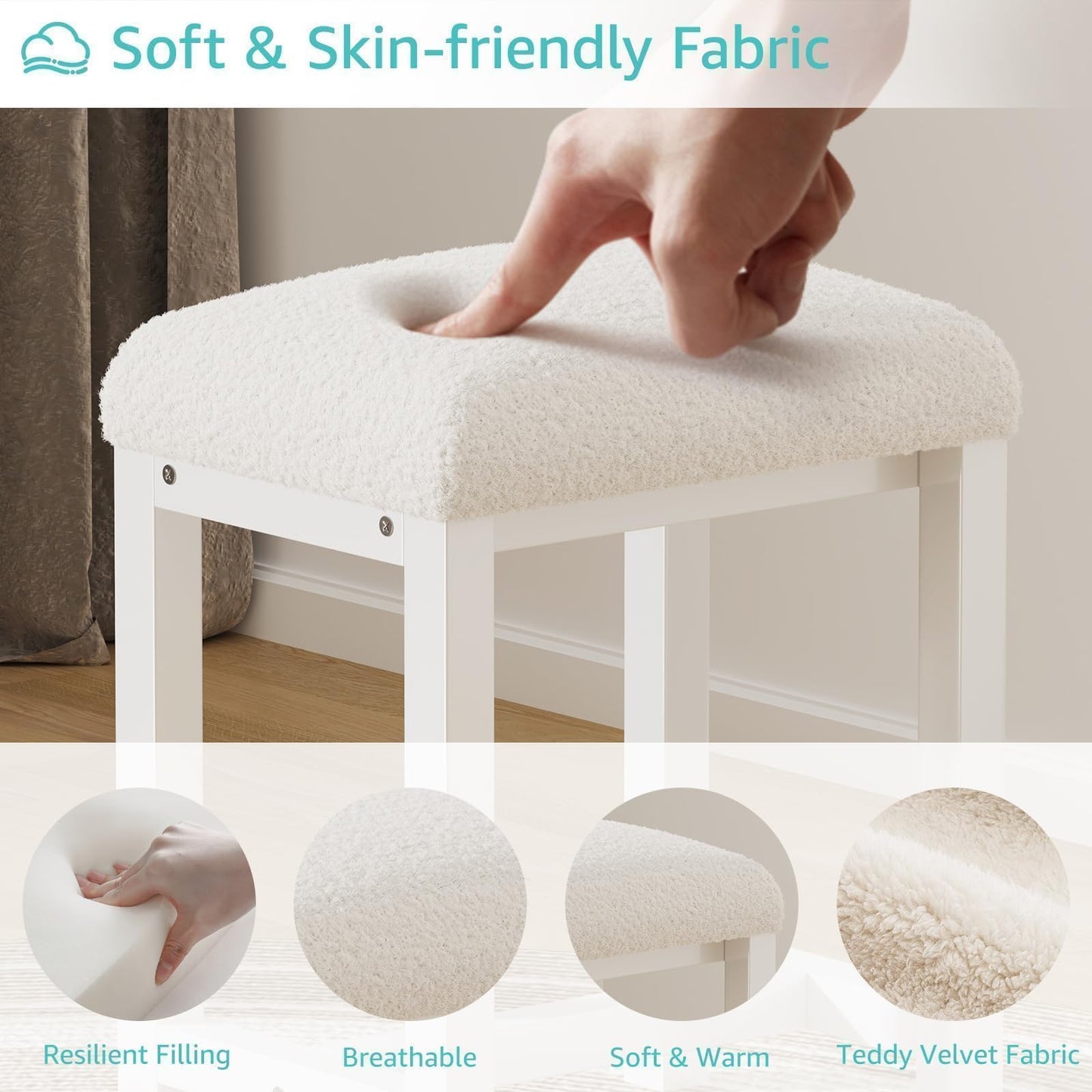 Small Plush Vanity Stool, Cute Vanity Stools with Soft Faux Rabbit Fur Cushion, White Makeup Vanity Chair for Small Spaces, Living Room, Bedroom, Entryway, Ottoman Foot Rest for Couch Sillas Modern