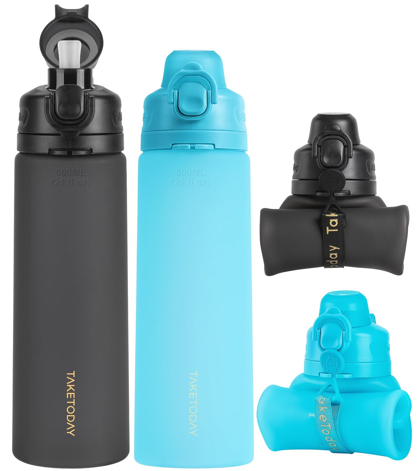 TakeToday Collapsible Water Bottles 21oz (2 pack), Foldable Platinum Silicone Travel Water Bottle with Straw & Carry Strap, Leak-Resistant Screw Lid, Wide Mouth, BPA-Free for Hiking, Flights