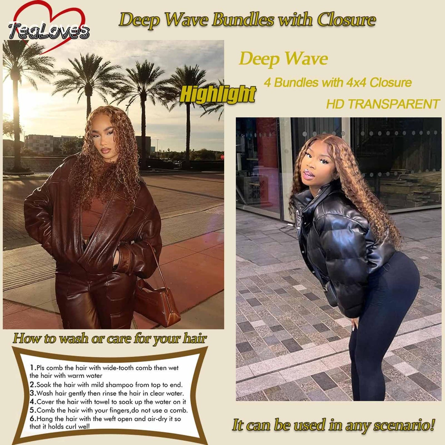 Highlight Bundles Human Hair with Closure, 10a Brazilian Deep Wave Human Hair 4 Bundles with 4x4 Closure 4/27 Color Ombre Bundles Human Hair (Highlight Deep Wave 16 18 20 22+16inch)