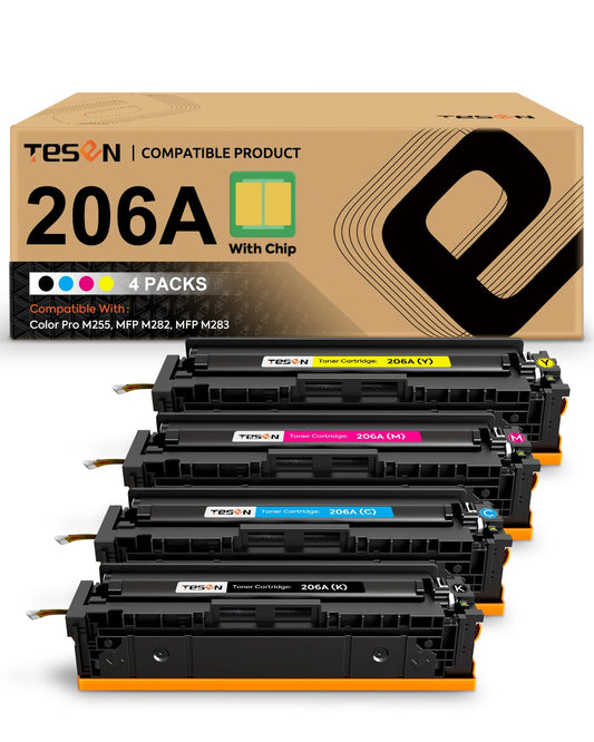 206A M283fdw Toner Cartridges 4 Pack with Chip Compatible Replacement for HP 206A Toner Set W2110A W2111A W2112A W2113A for HP Color Pro MFP M283fdw M283cdw M282nw M255dw M255nw M255 M283 Printer Ink