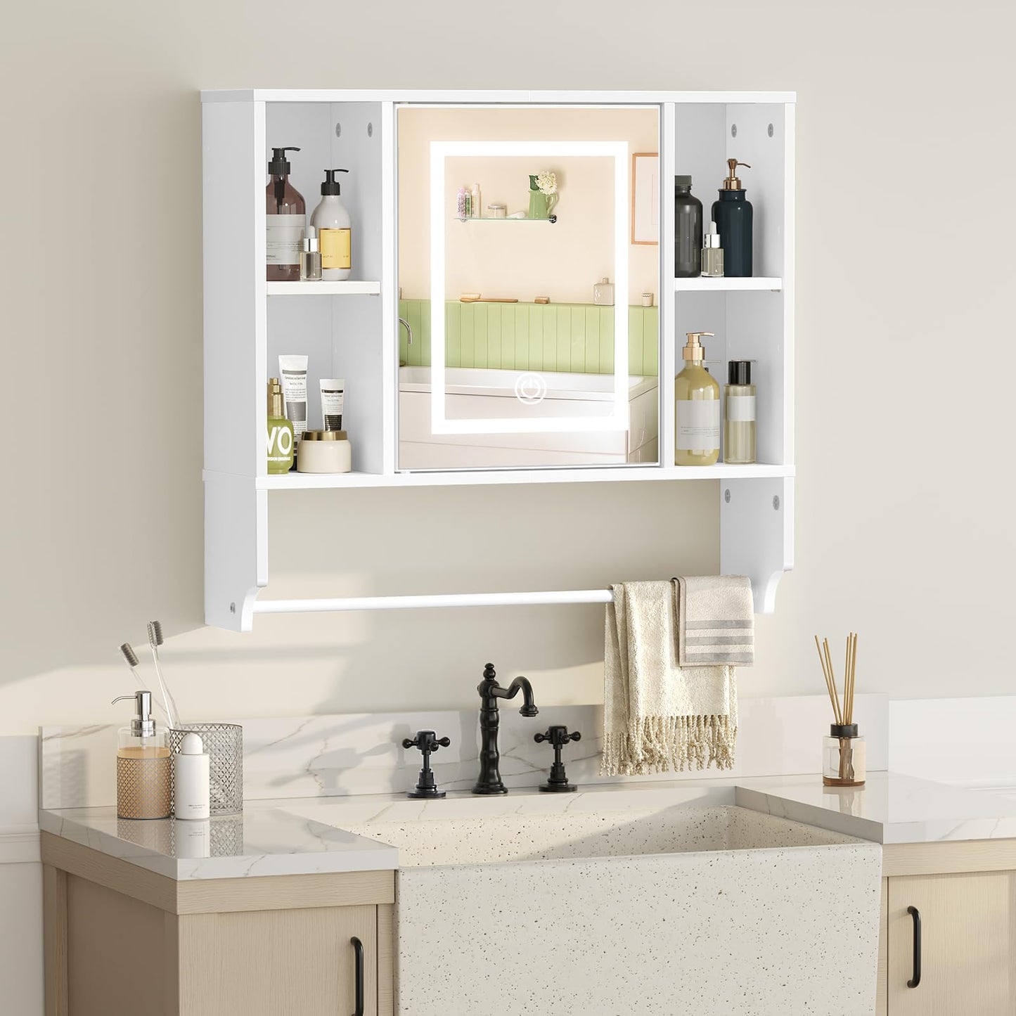 MAHANCRIS Bathroom Wall Cabinet with Mirror, Wall Mounted Medicine Cabinet with Color Adjustment LED Lights, Mirrored Over The Toilet Storage Cabinet with Adjustable Shelves, 23.6''W x 21.6''H, White
