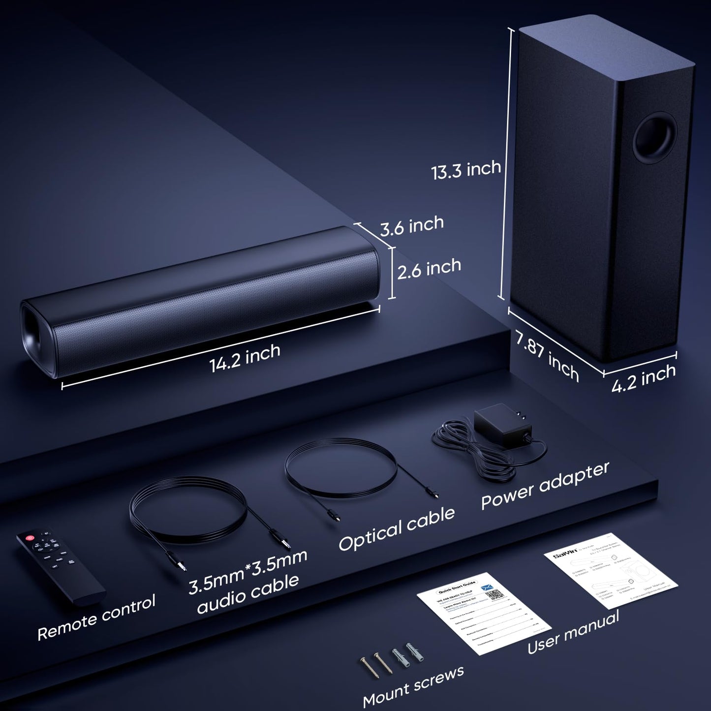 Saiyin Soundbar with 4'' Subwoofers - 70W Rounded-Edge Subwoofer & Compact Soundbar for TV, 2.1 Audio Enhanced Surround Sound System for TV, Bluetooth/Optical/AUX Connection for TV/PC
