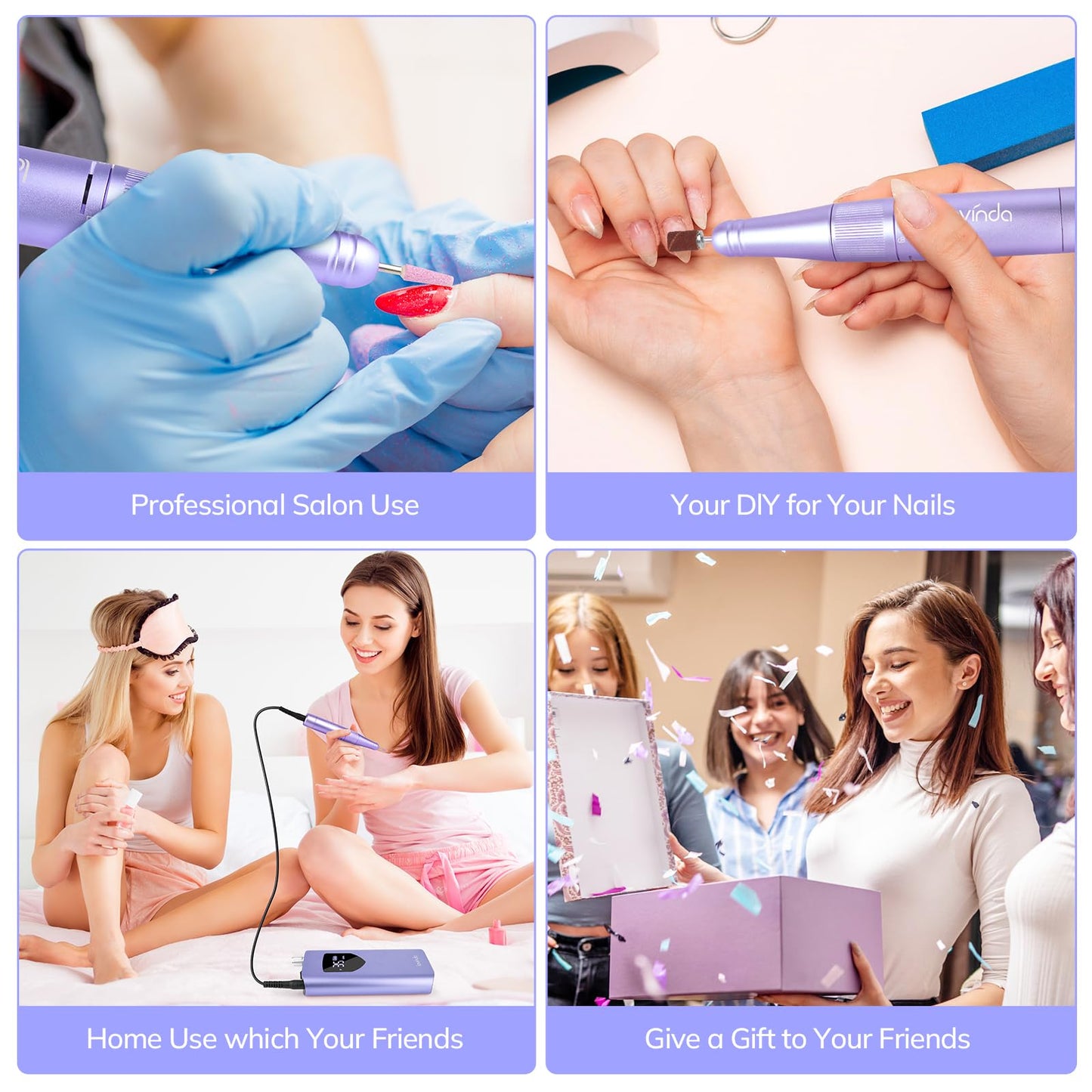 Lavinda Electric Nail Drill Machine, Professional 35000RPM Nail File Cordless Rechargeable Nail Efile for Acrylic Gel Nails, Manicure Pedicure Polishing Shape Tools for Salon Home Use-Purple