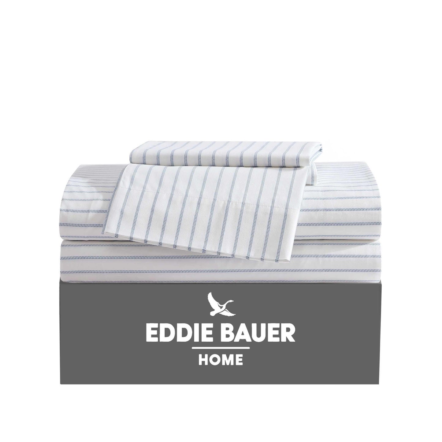 Eddie Bauer - Queen Sheet Set with Fitted Sheet & Pillowcases, 100% Cotton Percale Bedding, Crisp & Cool, Deep Pocket, Essential Stripe White