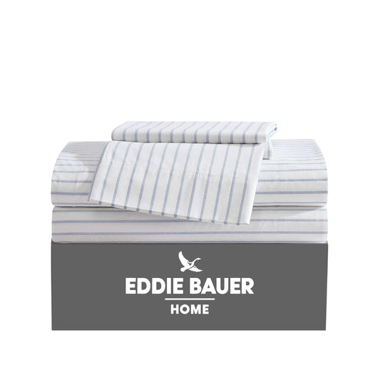 Eddie Bauer - Queen Sheet Set with Fitted Sheet & Pillowcases, 100% Cotton Percale Bedding, Crisp & Cool, Deep Pocket, Essential Stripe White