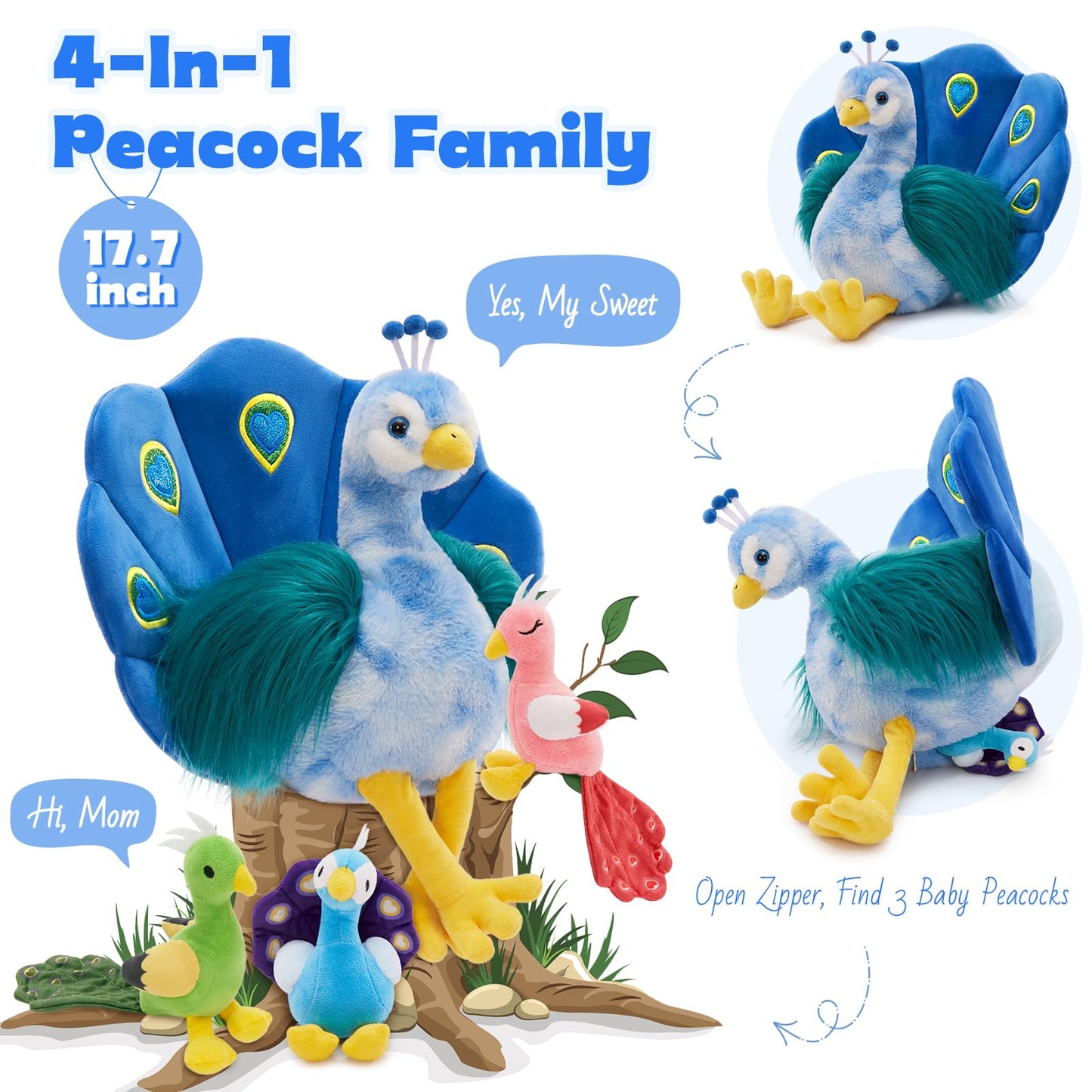 MorisMos Plush Peacock Stuffed Animal with 3 Baby Bird Plush Toys,18''Mommy Peacock Toys for Girl Boy Kid,Realistic Bird Stuffed Animals Gift for Birthday Decor Baby Shower Christmas,CE/CPC Certified