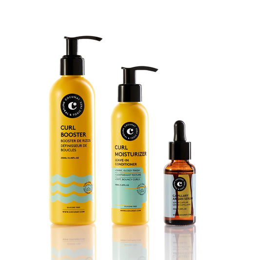 COCUNAT - Shiny Curls Plan - Moisturizer Leave In + Curl Booster + Argan Oil Serum - Curly Method - Curly Hair Gel - Moisturises, Detangles, Nourishes - Frizz Control - 250ml +150ml + 30ml