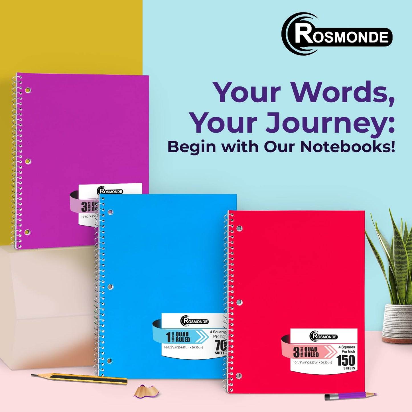 Rosmonde 1 Subject Graph Paper Spiral Notebook, 24 Pack, 70 Sheets (140 Pages), 8 x 10-1/2" Bulk 4x4 Spiral Bound Grid Notebooks, 3 Hole Punched Single Subject Quad Ruled Spiral Notebooks for School
