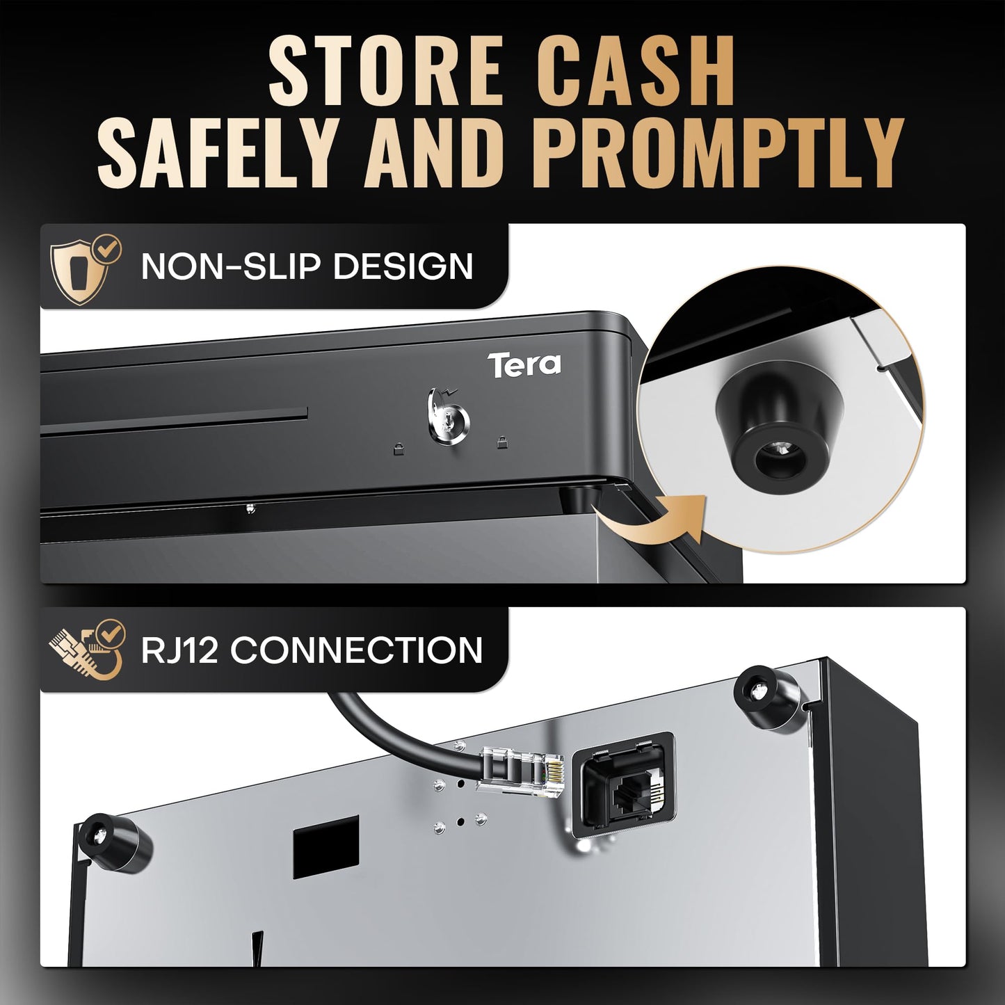 Tera 13" Auto Open Cash Register Drawer Heavy Duty Fully Removable Insert Tray 5 Keys 4 Bill 6 Coin Media Slot 24V RJ12 Key-Lock (Round Corner) for POS System Small Business 330R
