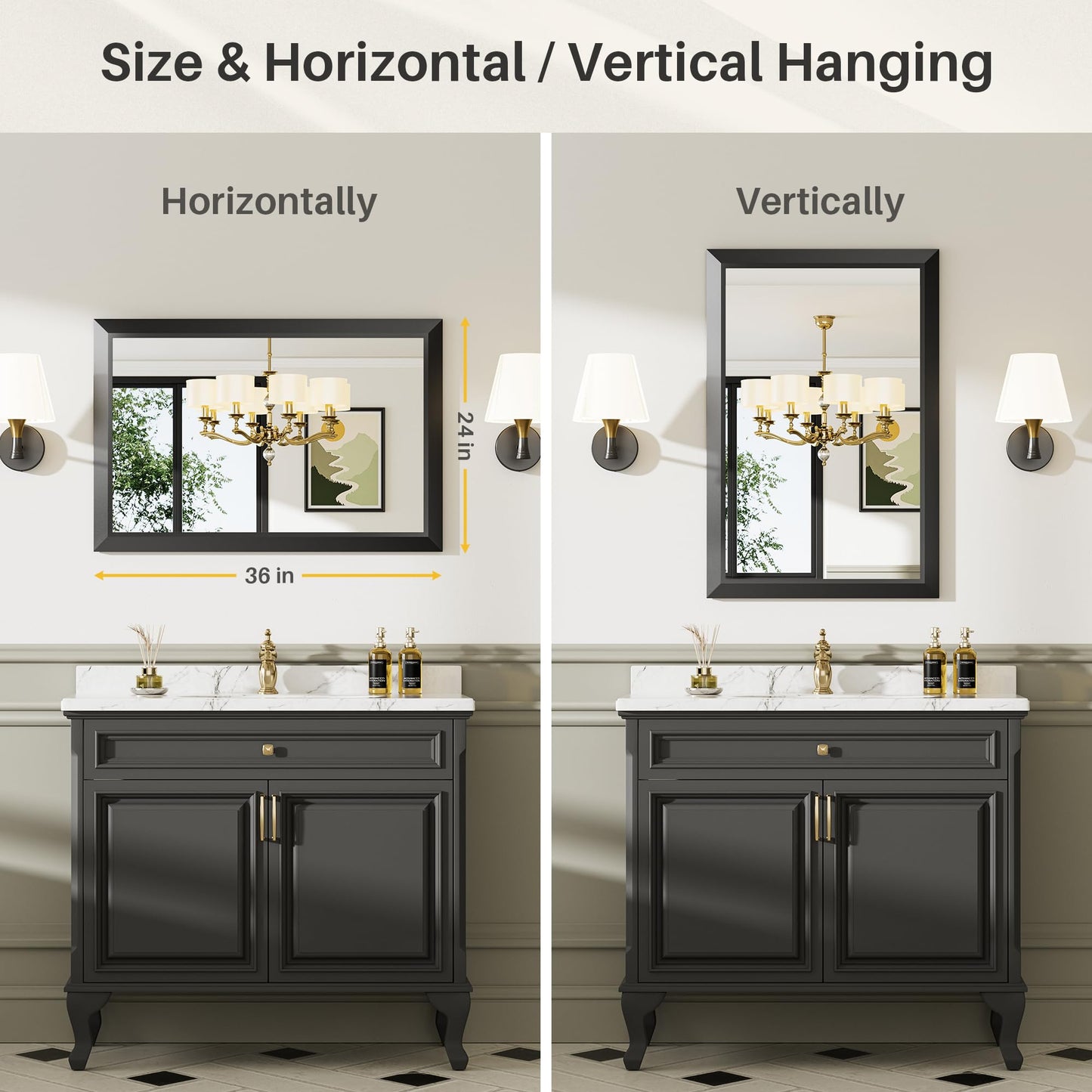 Briivue 24x36 Inch Black Bathroom Mirror for Wall, Thick Metal Framed Rectangle Mirrors for Over Sink, Bedroom, Living Room, Entryway, Anti-Rust, HD Tempered Glass
