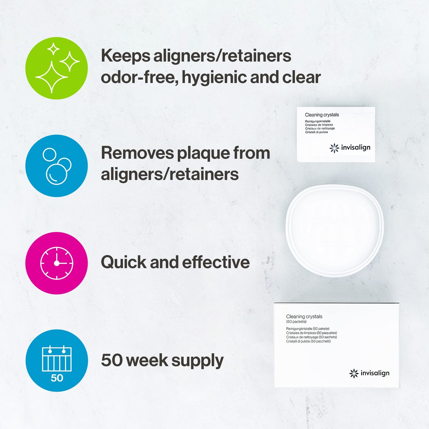 INVISALIGN Cleaning Crystals for Clear Aligners and Retainers with Tub, (50 Packets)