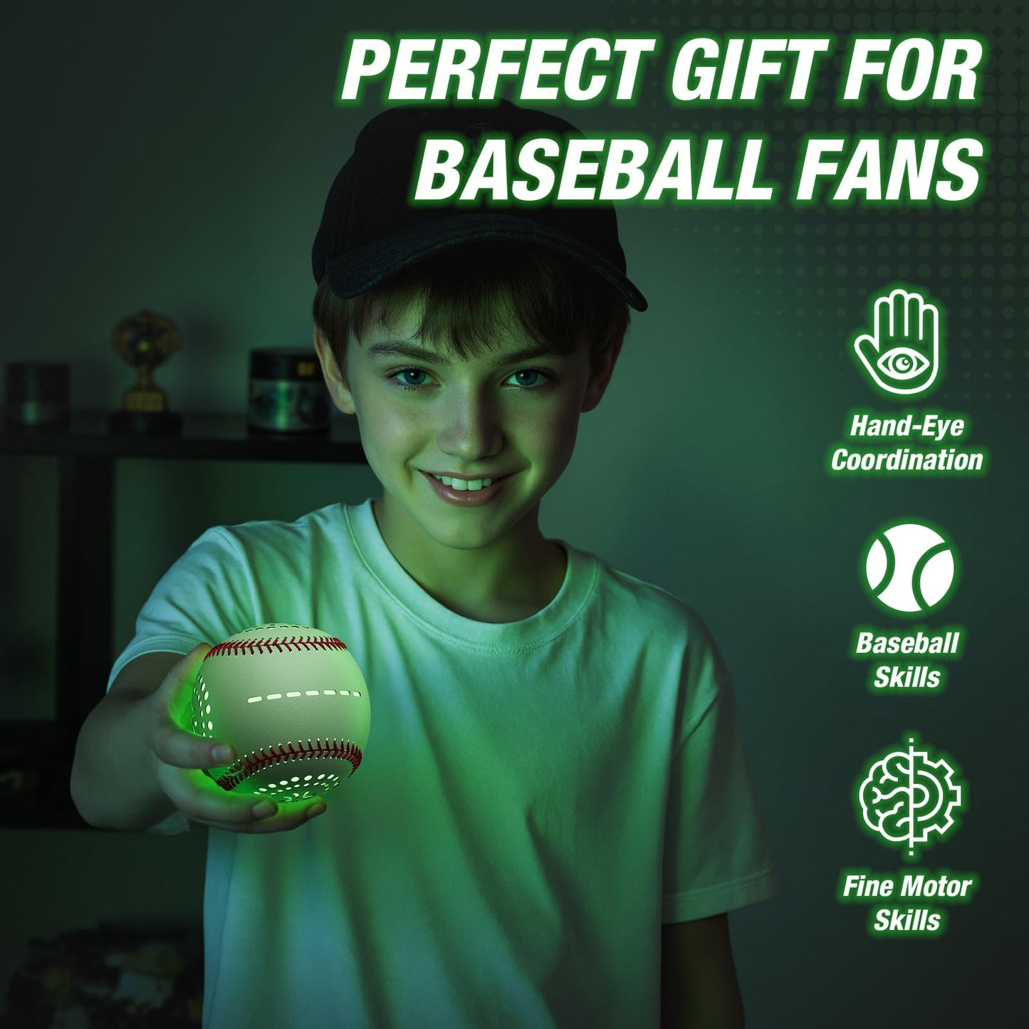 HYES Kids Baseball Glove with Light Up Baseball/LED Rechargeable, 9 Lighting Modes Official Size Leather Weighted Glow Baseballs for Day Night, Sport Toys Games Gifts for Youth Boys