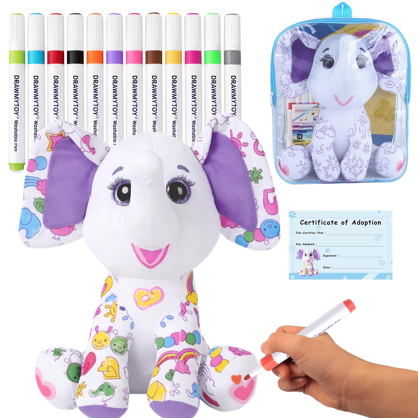 DIY Coloring Plush Toy with Washable Markers, Scribble Pets Stuffed Animal, Doodle Dolls Art Toy for Boys and Girls Ages 3-8, Birthday Gift (Elephant)