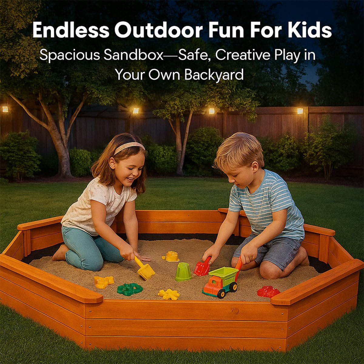 84"x78" Octagon Wooden Sandbox with Waterproof Cover & Liner, Large Outdoor Sandpit with Benches, Fir Wood Sand Box for Kids Backyard Play, Weather-Resistant,Golden red