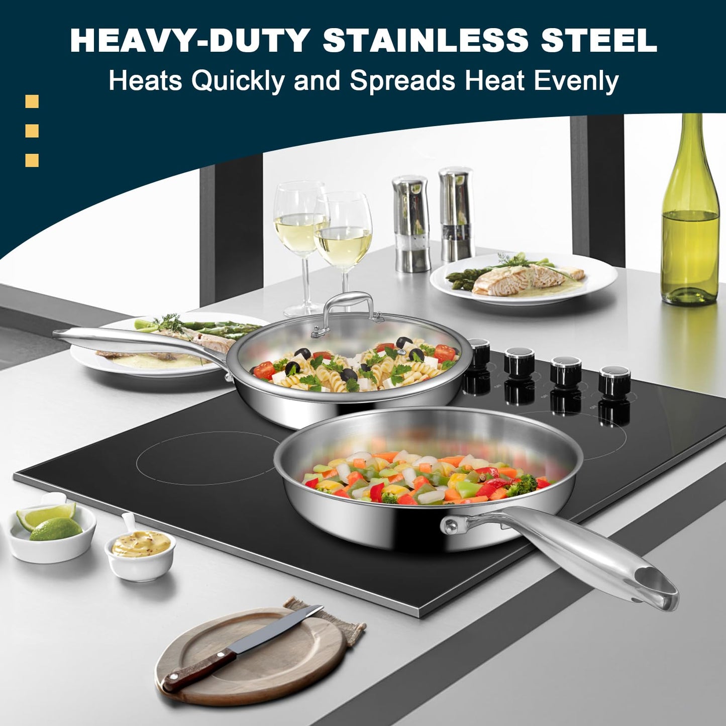 EWFEN Tri-Ply Stainless Steel Frying Pans Set with Lid, 8”/10”/12” Cooking pans, PFOA&PTFE Free Skillet, Induction Cooking Pan, Dishwasher and Oven Safe, Fast & Even Heat, Suitable for All Stove