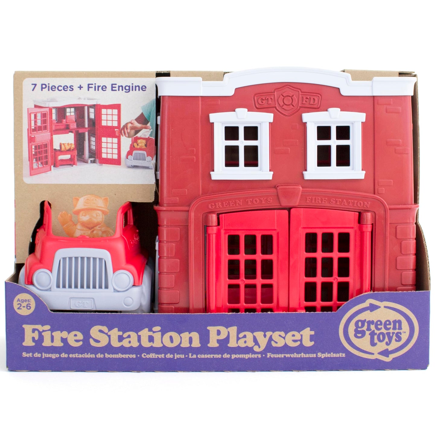 Green Toys Fire Station Playset - 8 Piece Pretend Play, Motor Skills, Language & Communication Kids Role Play Toy. No BPA, phthalates, PVC. Dishwasher Safe, Recycled Plastic, Made in USA.