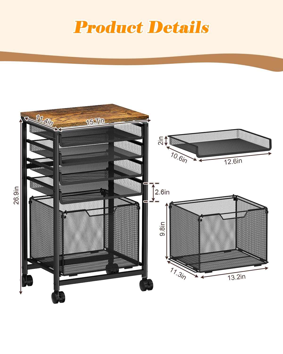 Rolling File Cart with Wheels, 5-Tier Under Desk Filing Cabinet for Letter-Size File Storage, Sliding Metal Mesh Trays & Printer Stand, Office Storage and Organization for Teachers, Home Office