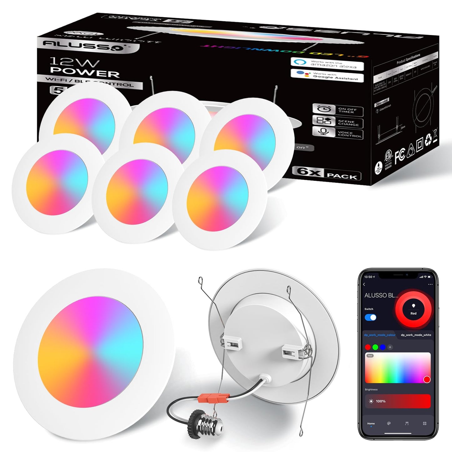 ALUSSO LIGHTING® Smart LED Recessed Lighting 5/6 Inch 6 Pack,Wi-Fi & Bluetooth Dual Control,Smart Can Lights RGB Color Changing Retrofit,Dimmable 1100LM Downllight Works with Alexa & Google Assistant
