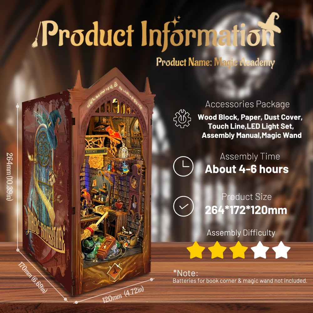 IBOHEYE Book Nook Kit - 3D Wooden Puzzle Bookend Set, Magic Academy, A Perfect Puzzle Gift for Adults