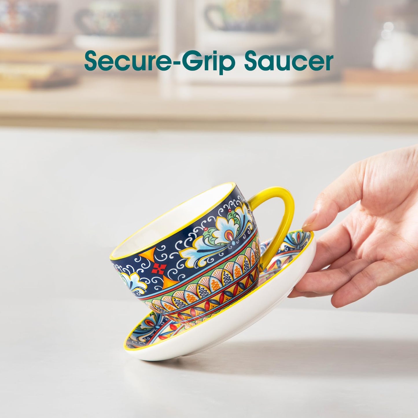 vancasso 8 oz Cappuccino Cups with Saucers Set of 6, Bohemian Ceramic Coffee Cup for Latte, Tea, Espresso, Microwave & Dishwasher Safe - Porcelain Tea Cups and Saucers for Kitchen or Cafe