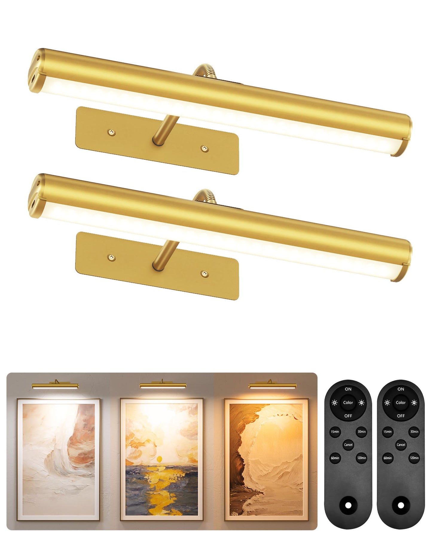 EZVALO Picture Light for Wall, ⁠13-Inch Wireless Rechargeable 4000mAh LED Art Light with Remote, Dimmable 3 Color Temps, Battery Operated Wall Light for Living Room, Bedroom, Gallery (Gold, 2 Pack)