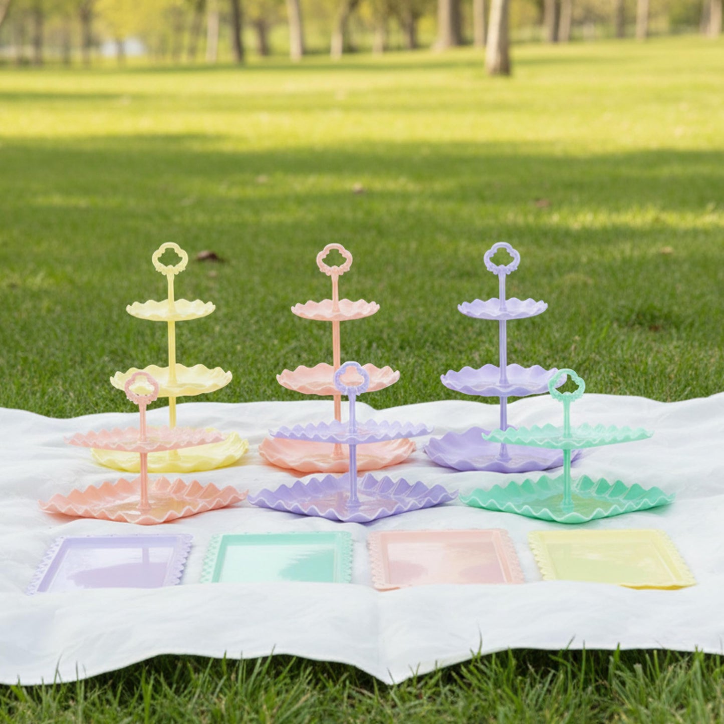 Pack of 11 NWK Cake Stand Set, with 3 x Two-Tier and 3 x Three-Tier Cupcake Stands, 4 x Appetizer Trays, 1 x Tablecloth for Birthday Bridal Baby Shower Party (Colorful)