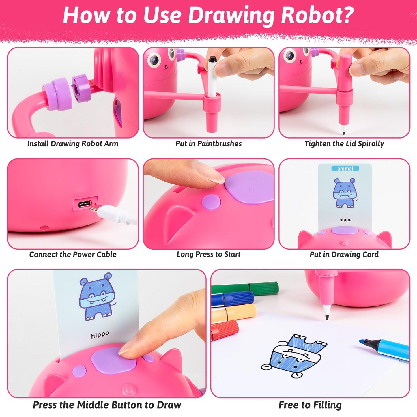 TREEFIA Drawing Robot for Kids, Interactive Educational Drawing Robot, Magic Painting Robot Toy with 100 Word Cards & 16 Color Pens for Girls and Boys Age 3+ (Pink)
