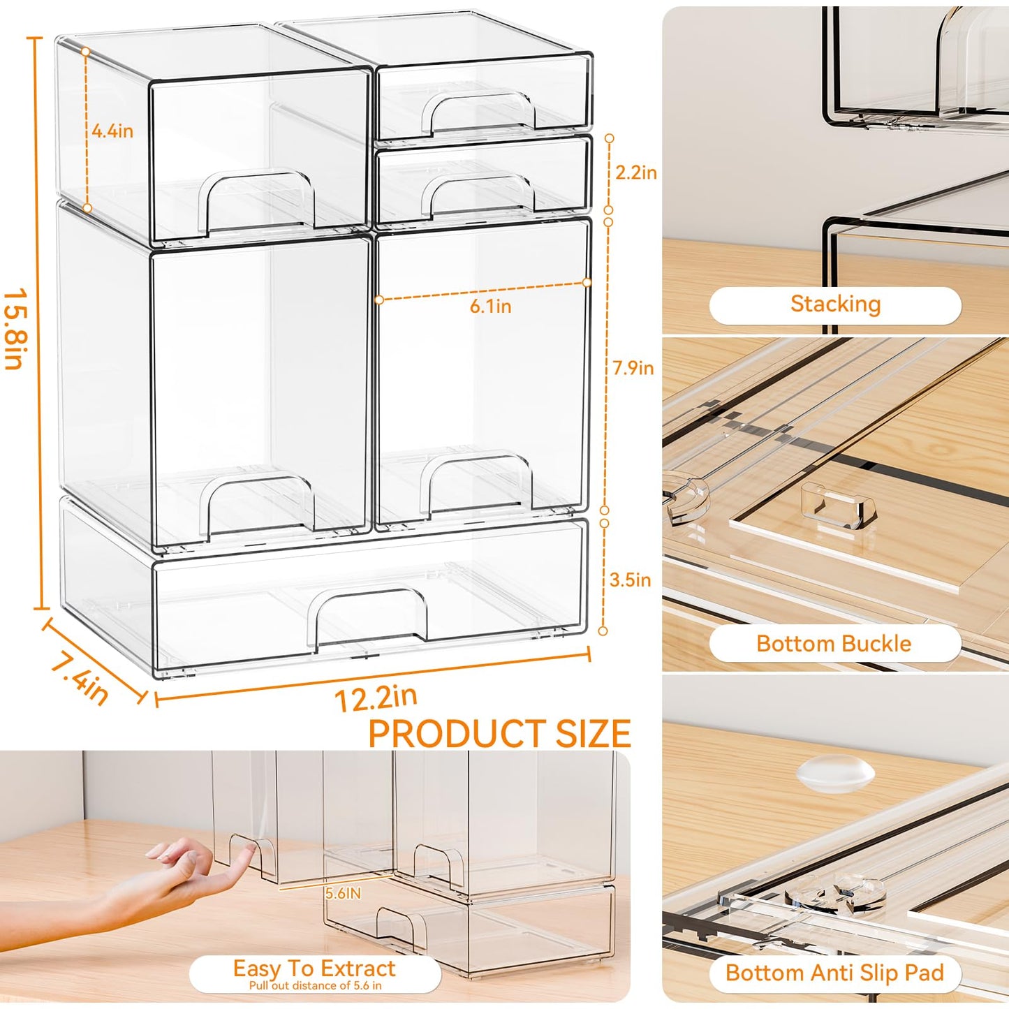 Yieach 6 Set Clear Baby Bottle Organizer for Countertop,BPA FREE Bottle Station Organizer for Breast Pump Parts,Pacifier and Baby Accessories,Stackable Drawers for Bathroom,Cabinet,Pantry Organization