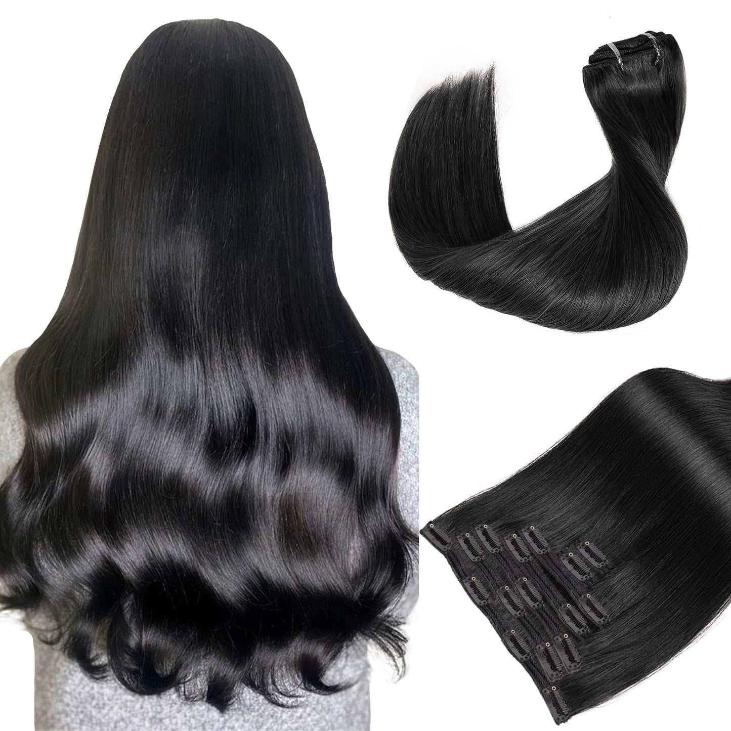 Starmo Clip in Extensions Real Human Hair Black Remy Lace Weft 20 Inch 7PCS 120g for Women