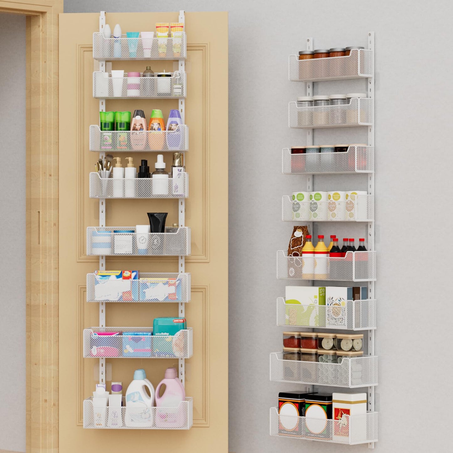 VyGrow Over The Door Organizer, 8-tier Metal Door Organizer Hanging with Adjustable Baskets, Behind The Door Storage for Bedroom Closet Bathroom Pantry Cabinet Kitchen, White