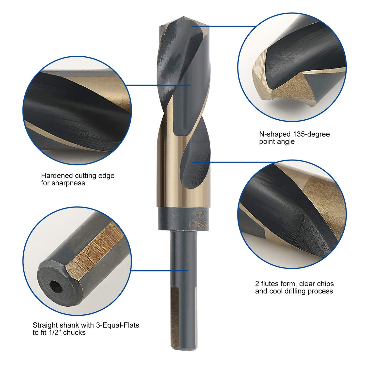 COMOWARE Reduced Shank Drill Bit Set- 1/2” Silver and Deming Large Drill Bit, 8 pcs HSS M2 Black and Gold Oxide Finish, 135 Degree Split Point, Ideal for Smooth Drilling, with Storage case