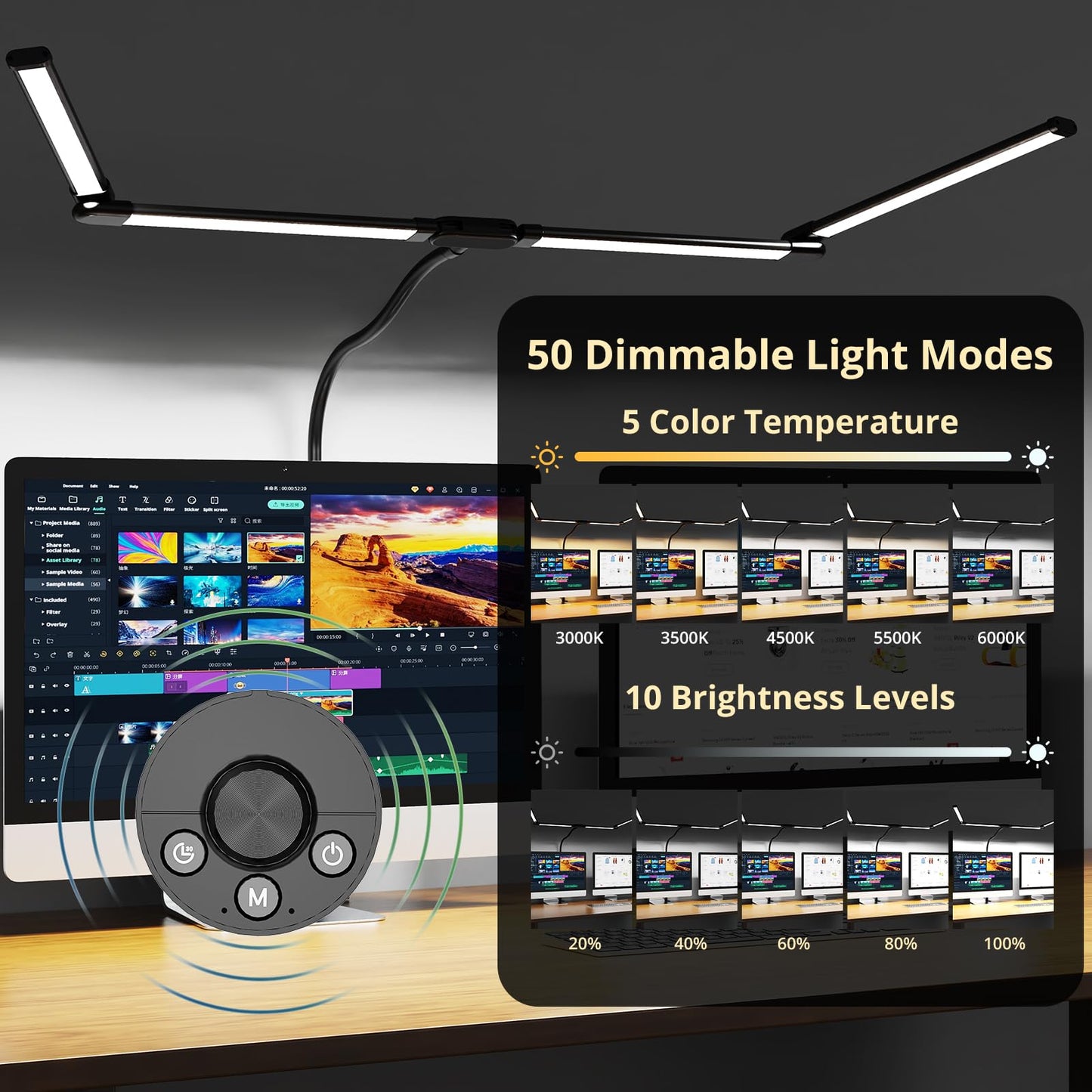 Aeropak Desk Lamp, Clamp Desks Lamps for Home Office, 24W Flexible Gooseneck Table Lamp, 10 Color Modes & Brightness Eye-Caring Desk Light w/USB Adapter (12V2A Black)