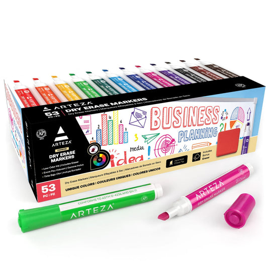 ARTEZA Dry Erase Markers Pack of 53, Chisel Tip, 12 Assorted Colors with Low-Odor Ink, Whiteboard Pens
