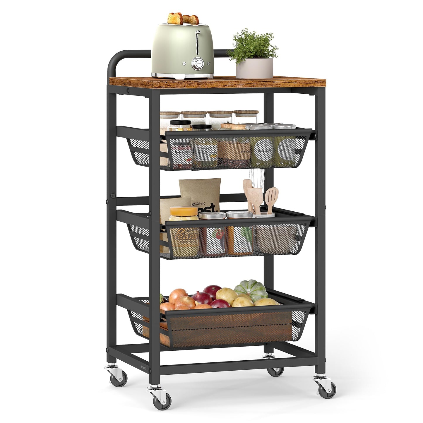 VASAGLE Storage Rolling Cart with Pull-Out Baskets, 4-Tier Utility Cart Orgnizer with Wheels for Laundry Room, Kitchen, Handle, 12.5 x 15.8 x 29.9 Inches, Rustic Brown and Ink Black ULRC040K01
