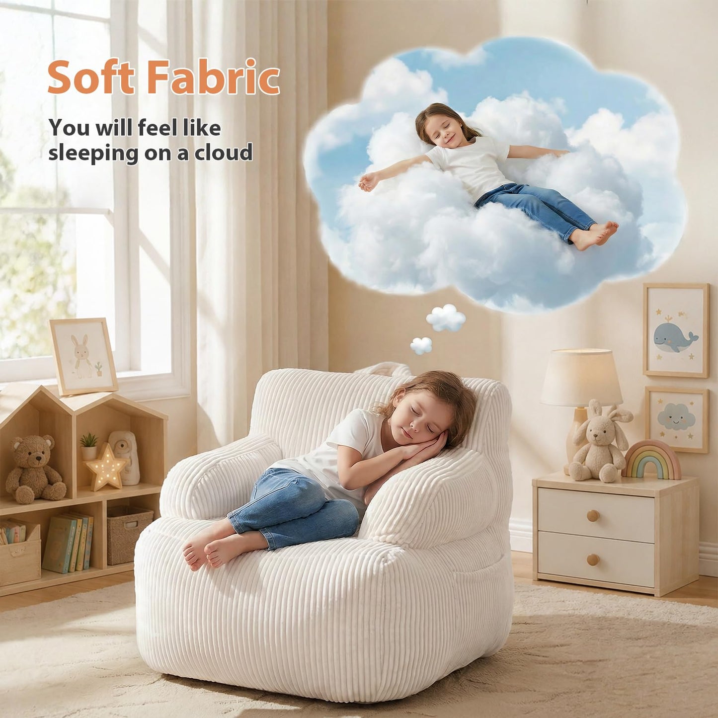 Bean Bag Chairs for Kids with Armrests, Comfy Kids Bean Bag Chair, Stuffed Toddler Bean Bag Sofa for Boys and Girls, Small Bean Bags for with Pocket, Floor Chair for Gaming, Reading & Relaxing, Beige