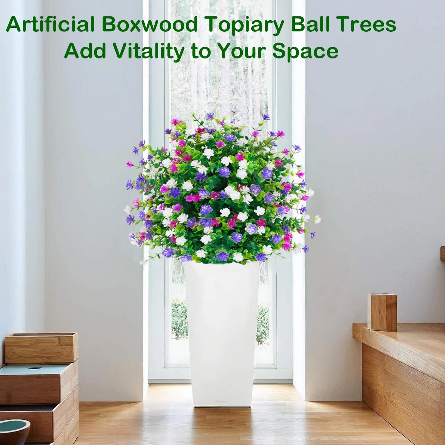 Artificial Boxwood Topiary Ball Tree Outdoor Set of 2,UV Resistant Fake Topiary Balls Flowers with Spike, Realistic Faux Shrubs Plants Bushes Greenery for Spring Porch Outdoor Planter Diameter15.8