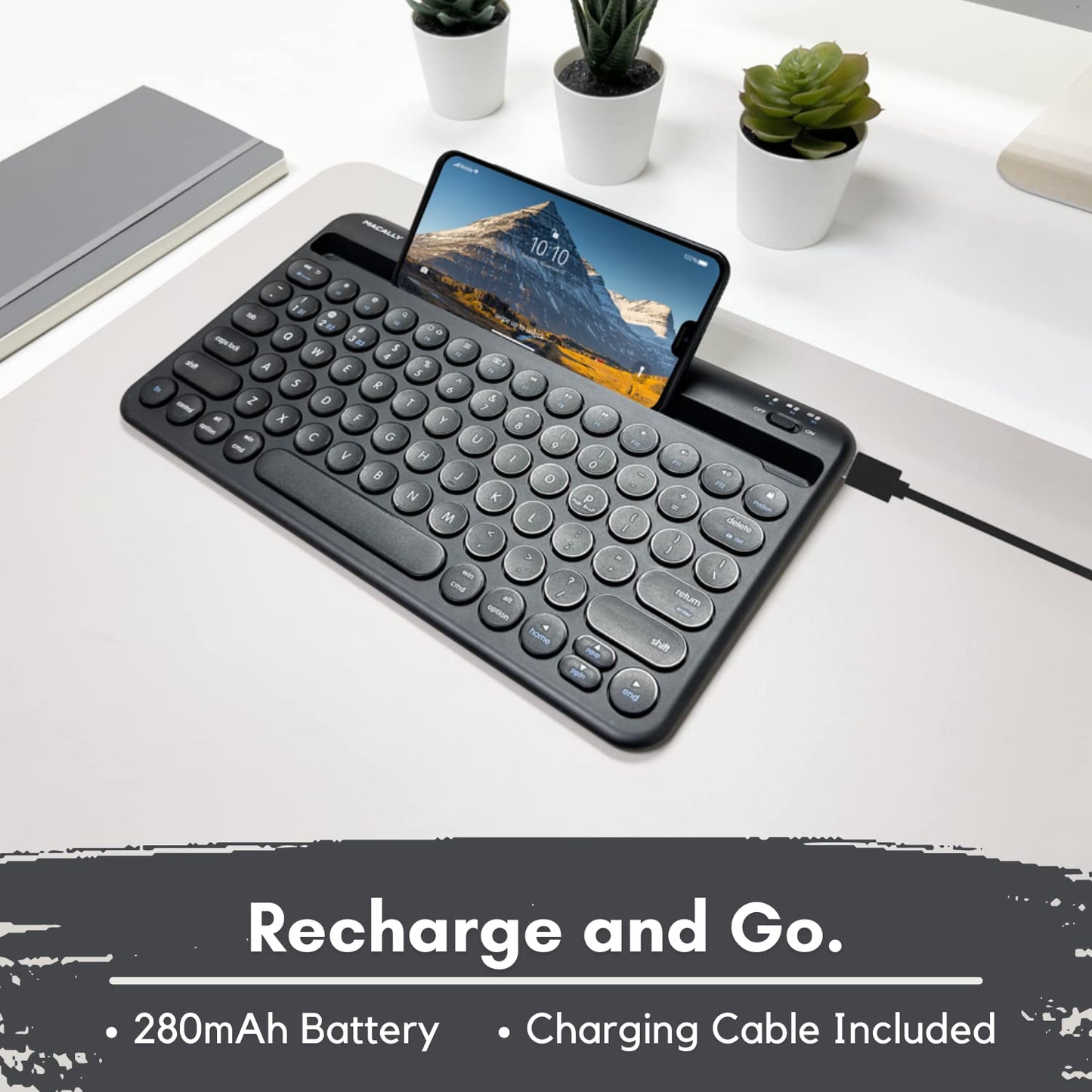 Macally Small Bluetooth Keyboard for iPhone iPad and Tablet - Multi Device Compatibility - Bluetooth Tablet Keyboard (Built-in Stand/Slot) - 78 Key iPad Wireless Keyboard or Keyboard for Android Phone