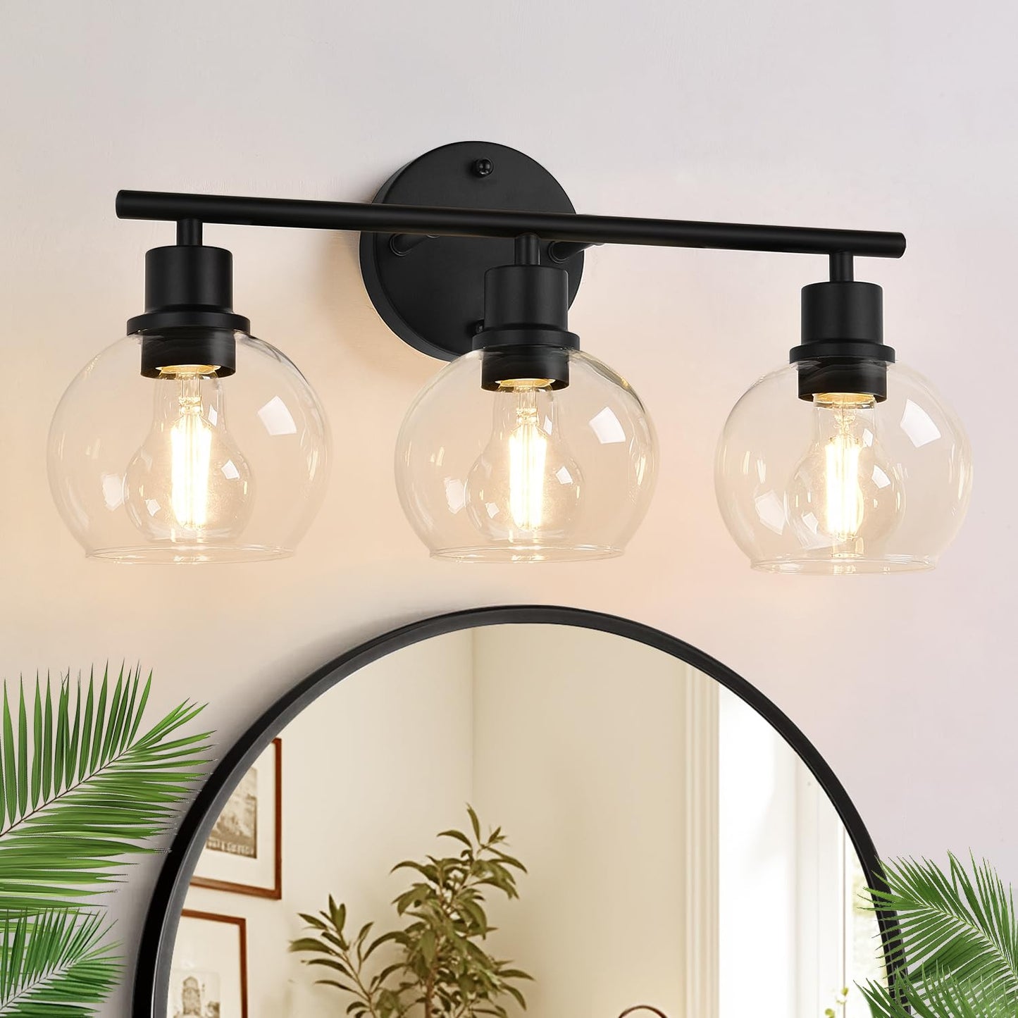 Indoi 3-Light Bathroom Light Fixtures, Black Bathroom Lights Over Mirror with Clear Glass Globe Shade, Vanity Lights for Bathroom Kitchen Living Room Hallway Cabinet Bedroom Porch.