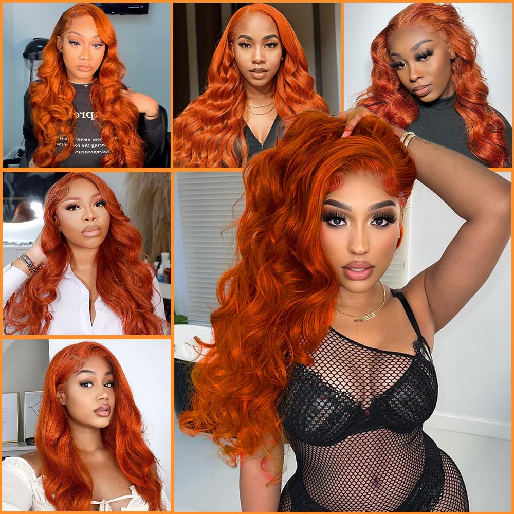 VKVL Ginger Lace Front Wigs Human Hair Pre Plucked 26 Inch 200% Density Hd Lace Front Wigs Human Hair 13x4 Ginger Orange Body Wave Lace Frontal Wigs Human Hair Colored Glueless Wigs