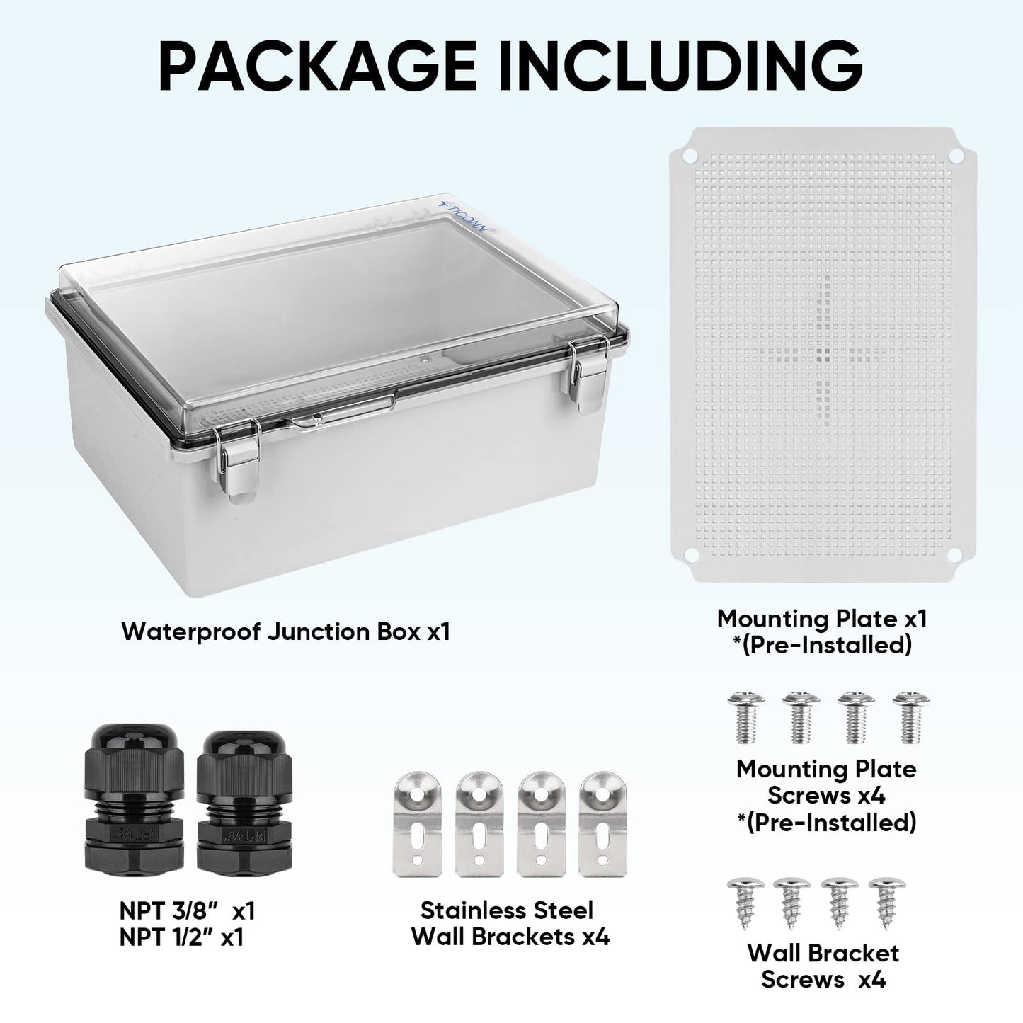 TICONN Waterproof Electrical Junction Box IP67 ABS Plastic Enclosure with Hinged Cover with Mounting Plate, Wall Brackets, Cable Glands (Clear, 13.8"x9.8"x5.9")