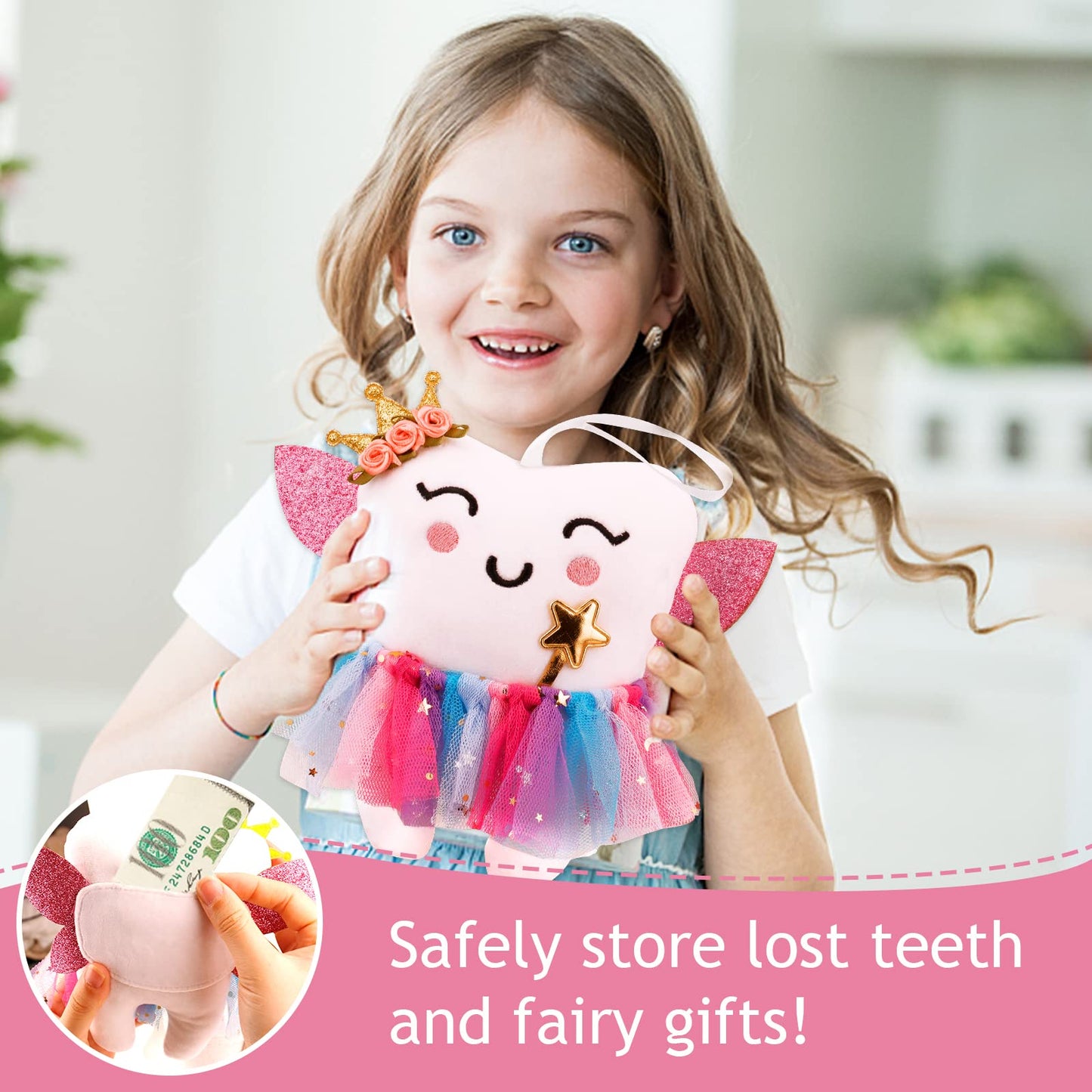 SQIMZAR Tooth Fairy Pillow with Pocket for Girls | Tooth Fairy Gift Kit