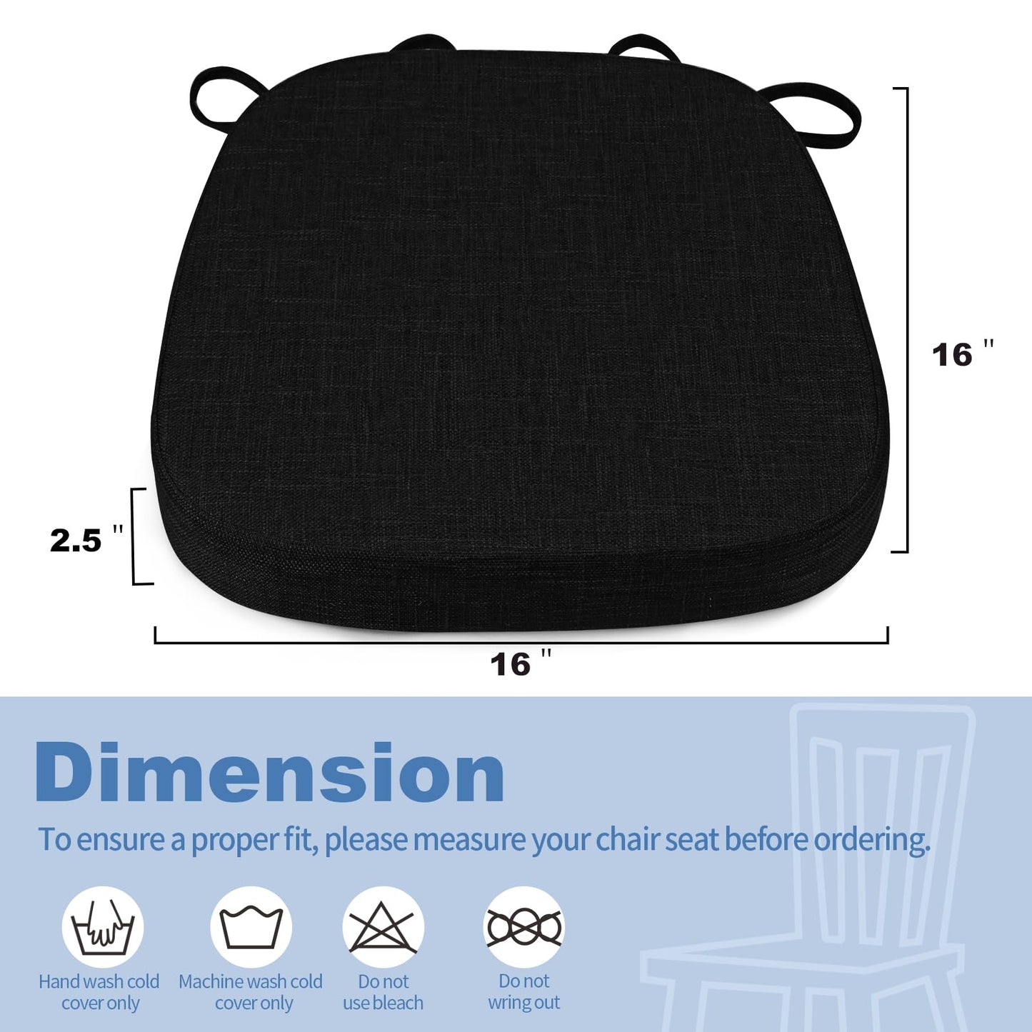 BUYUE Thickened 2.5" Dining Chair Cushions Set of 6, U-Shape High Density Foam Comfortable Chair Pads for Kitchen, Slip Resistant Indoor Seat Cushions (6 PCS, Black)