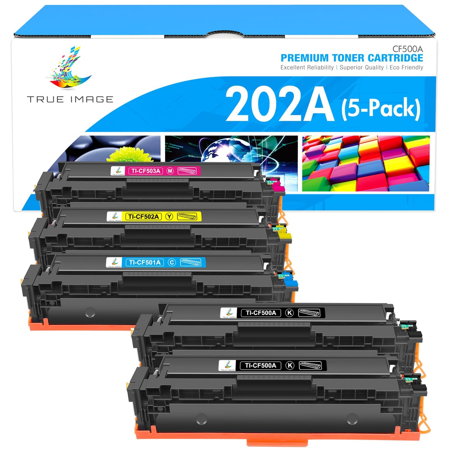 TRUE IMAGE Compatible Toner Cartridge Replacement for HP 202A CF500A 202X Color Laserjet Pro MFP M281fdw M281cdw M254dw M281fdn M254dn M254nw M281 M254 Toner Printer Ink (BK/C/Y/M, 5-Pack)
