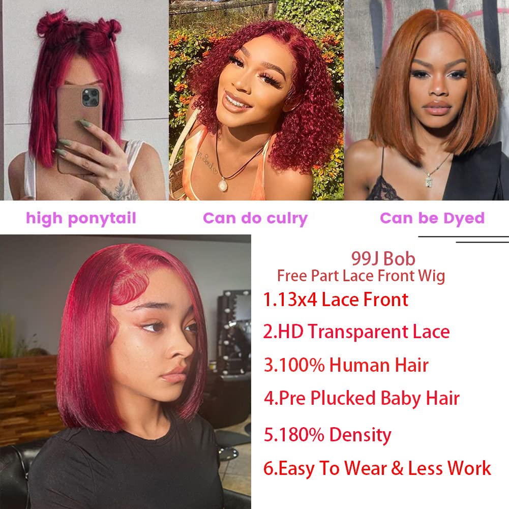 Mysyty Burgundy Bob Wigs Human Hair Natural Hairline13x4 Straight Short Bob Wig for Woman Wine Red Glueless Bob Wig Human Hair Pre Plucked 180% Density 14 Inch