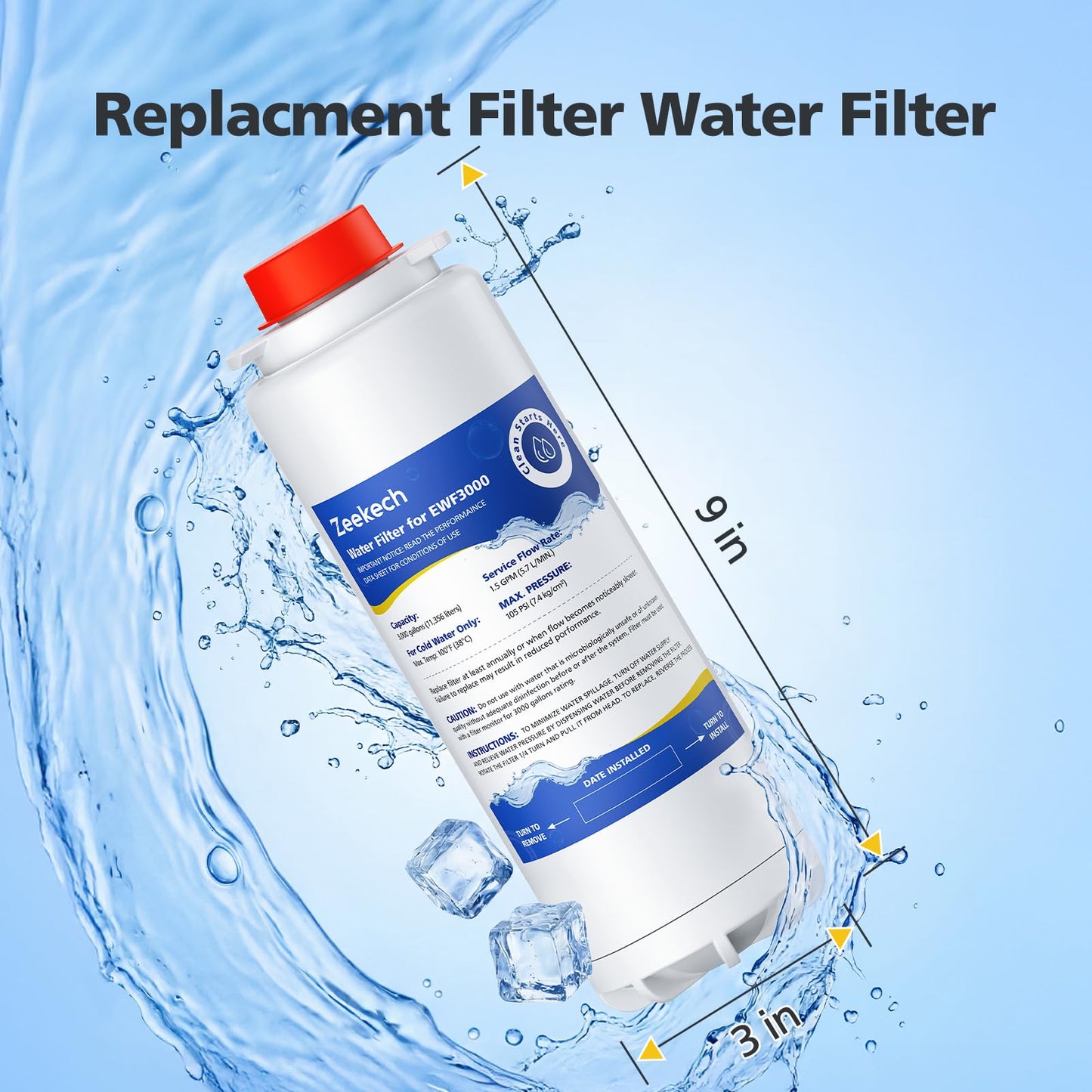 Water Replacement Filter Compatible with Elkay 51300C EWF3000, and EZH2O Bottle Filling Stations, Pre-Installed Smart Chip for EWF3000, ERF750, 51299C, 55898C, 3000 Gallon Capacity, 1 Pack
