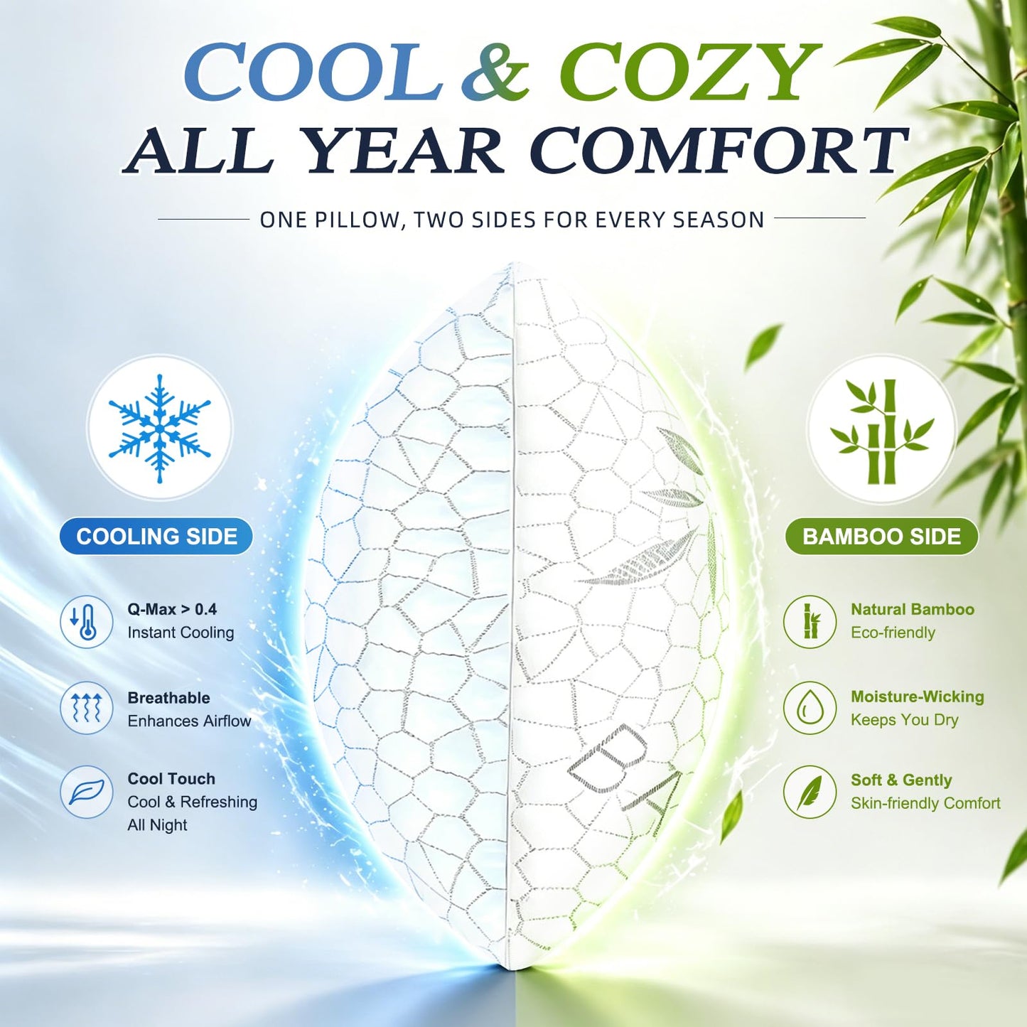 Yettbea Shredded Memory Foam Cooling Pillows Queen Size Set of 2, Supportive Firm Bamboo Bed Pillows- Adjustable Loft with Zippered Cover for Hot, Side, Back, Stomach Sleeper